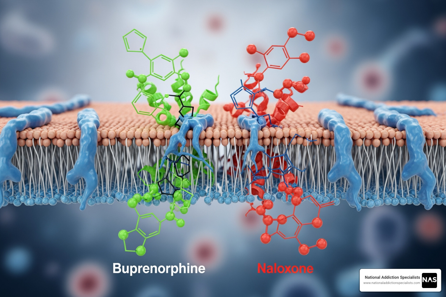 Diagram showing how buprenorphine (partial agonist) and naloxone (antagonist) interact with opioid receptors - Naloxone and buprenorphine
