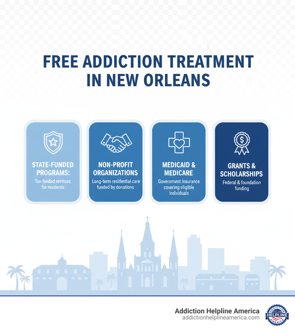 Infographic showing four pathways to free addiction treatment in New Orleans: State-Funded Programs (tax-funded services for residents), Non-Profit Organizations (long-term residential care funded by donations), Medicaid and Medicare (government insurance covering eligible individuals), and Grants and Scholarships (federal and foundation funding for treatment costs) - free rehab in new orleans infographic 
