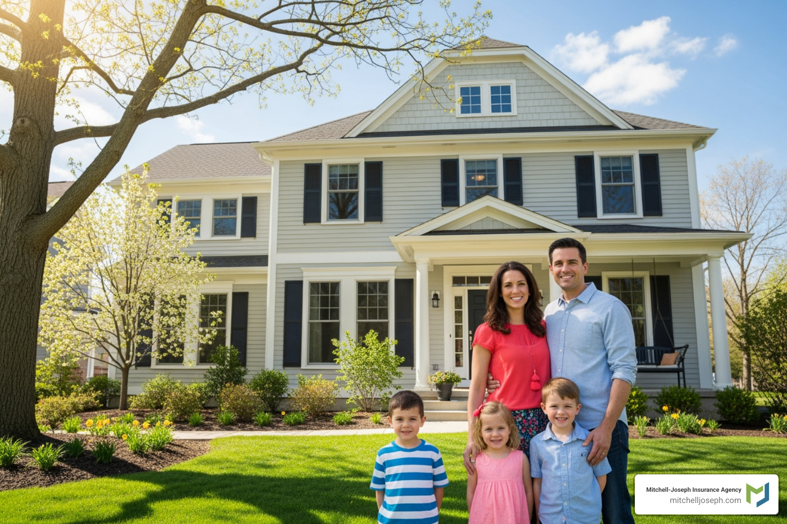 Family smiling in front of their well-maintained home in Victor, NY - Home Insurance Victor NY Family smiling in front of their well-maintained home in Victor, NY - Home Insurance Victor NY