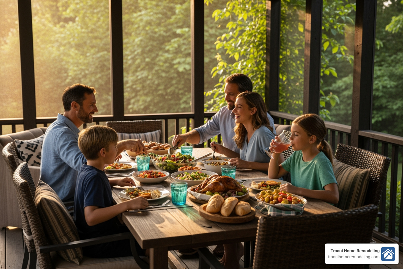 family enjoying meal on screened porch - screened porch builder near me