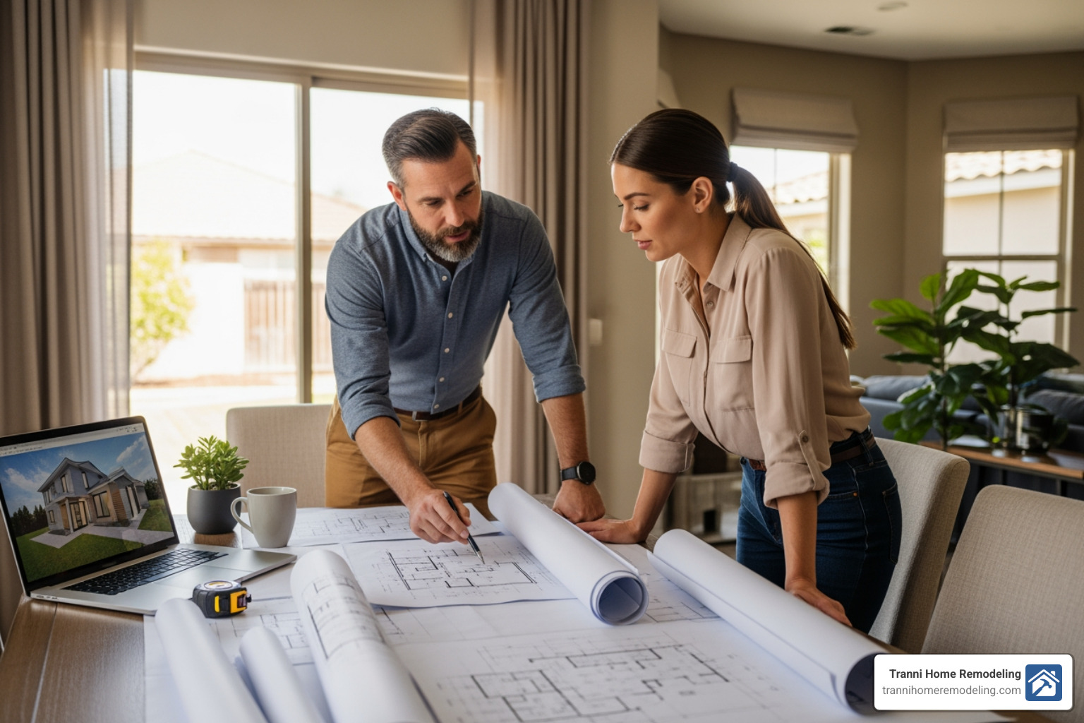 contractor and homeowner reviewing blueprints - screened porch builder near me