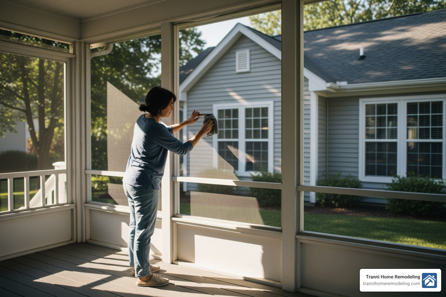 person cleaning porch screen - screened porch builder near me