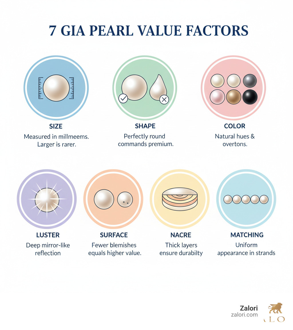 Infographic showing the 7 GIA Pearl Value Factors: Size (measured in millimeters, larger is rarer), Shape (perfectly round commands premium), Color (natural hues and overtones), Luster (deep mirror-like reflection), Surface (fewer blemishes equals higher value), Nacre (thick layers ensure durability), and Matching (uniform appearance in strands) - luxury pearl jewelry infographic 