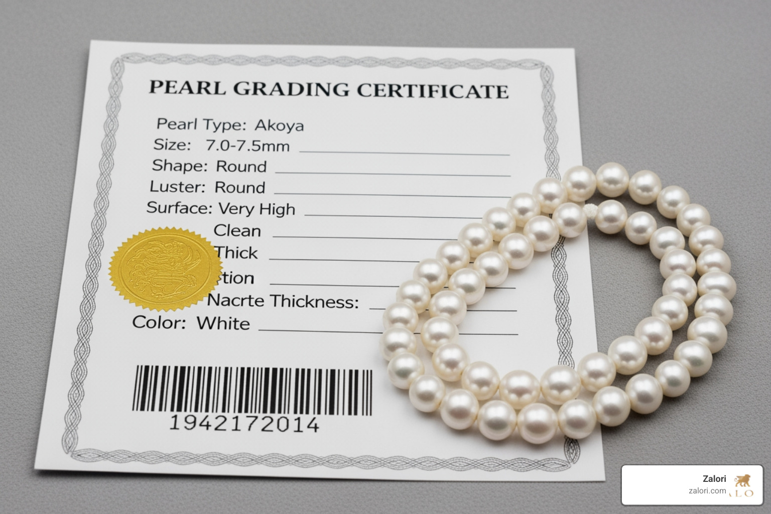 pearl grading certificate next to a pearl strand - luxury pearl jewelry