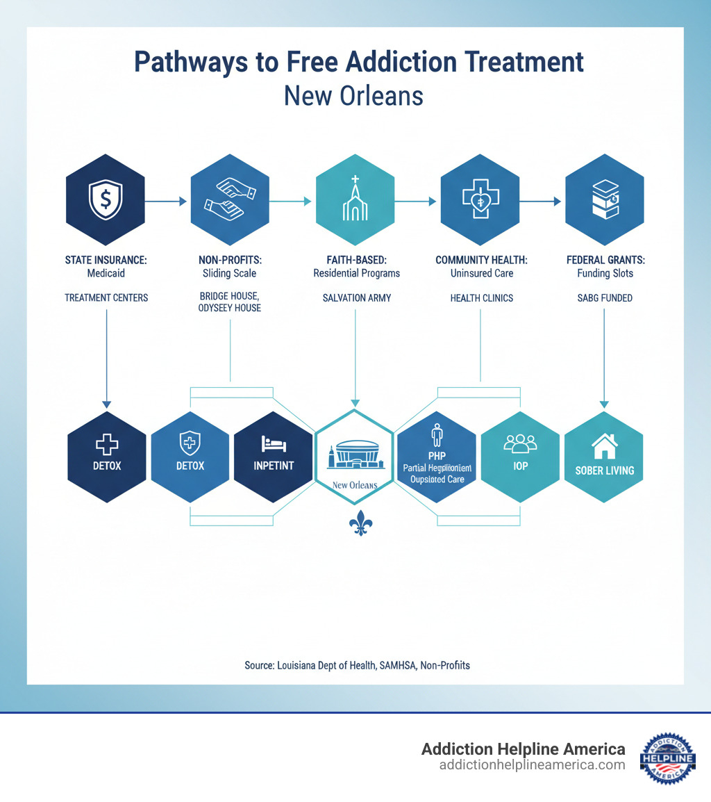 infographic showing five pathways to free addiction treatment in New Orleans: state insurance programs like Medicaid flowing to treatment centers, non-profit organizations offering sliding scale fees, faith-based residential programs, community health centers serving uninsured patients, and federal block grants funding treatment slots, all leading to different levels of care including detox, inpatient, PHP, IOP, and sober living - free drug rehab in new orleans infographic 