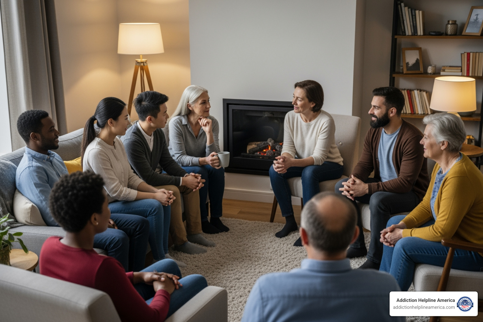 a supportive group of diverse individuals in a comfortable living room setting - Sober living New Orleans