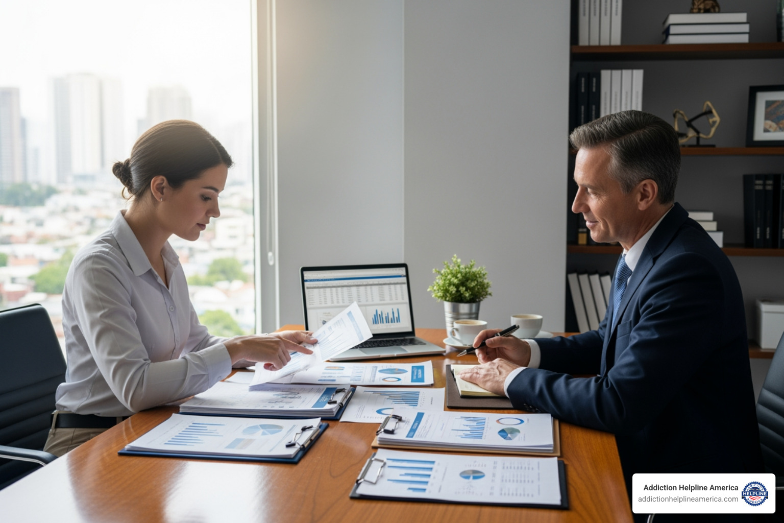person reviewing financial documents with counselor - drug rehab in new orleans
