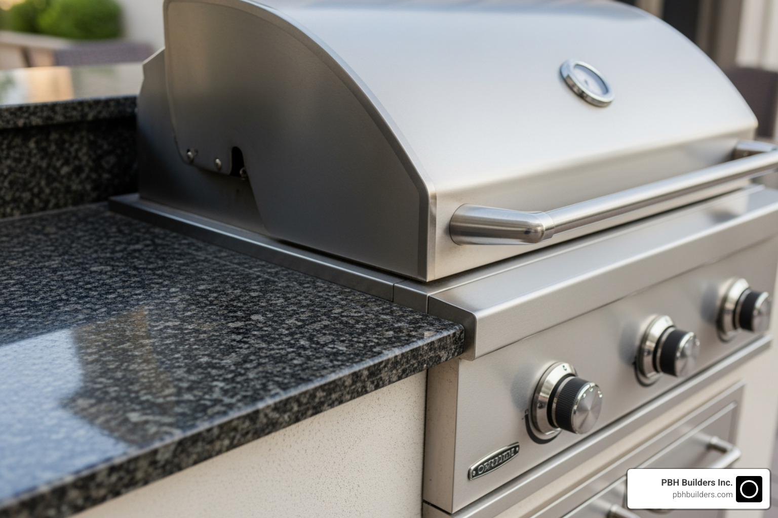 Close-up on a durable granite countertop next to a stainless steel grill - Backyard kitchen design