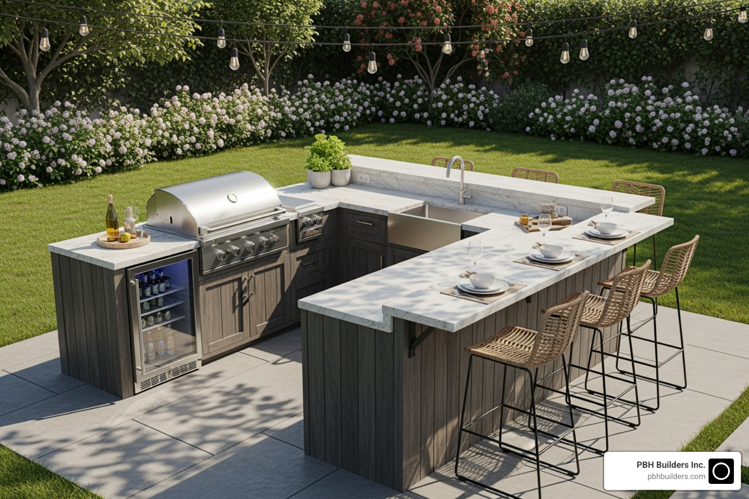 A functional L-shaped outdoor kitchen with integrated bar seating, encouraging social interaction - Backyard kitchen design