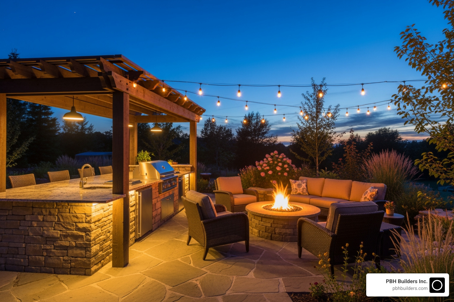 An outdoor kitchen at dusk, beautifully illuminated with layered lighting, a fire pit, and comfortable seating - Backyard kitchen design