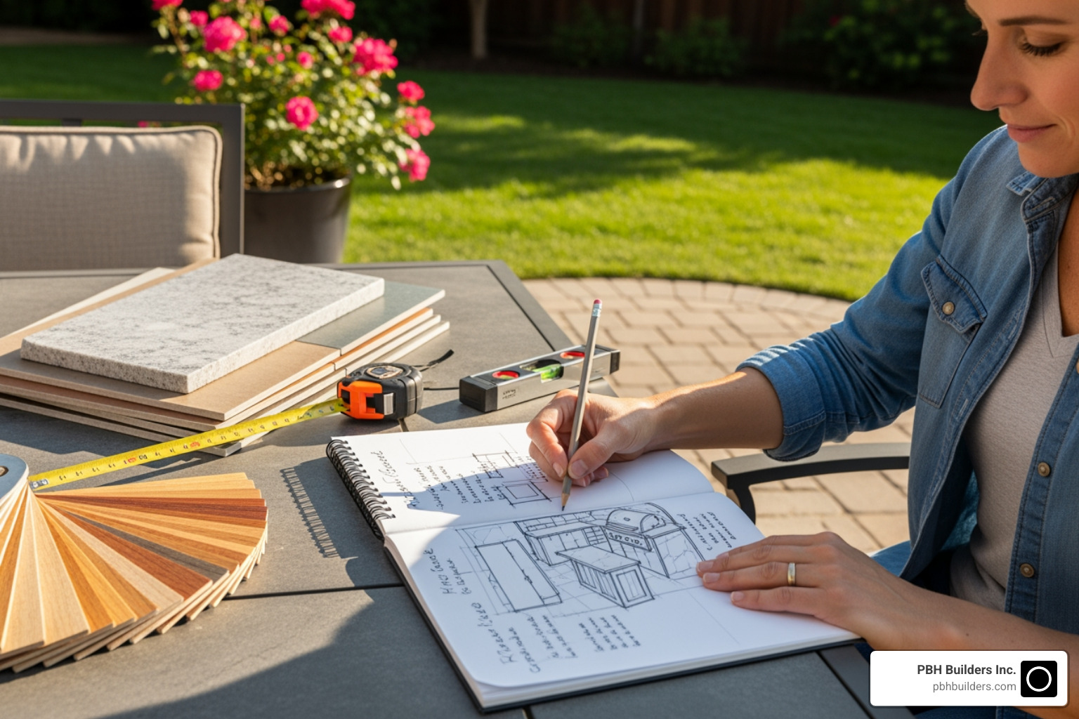 A homeowner sketching an outdoor kitchen plan on a patio with material samples nearby - Backyard kitchen design