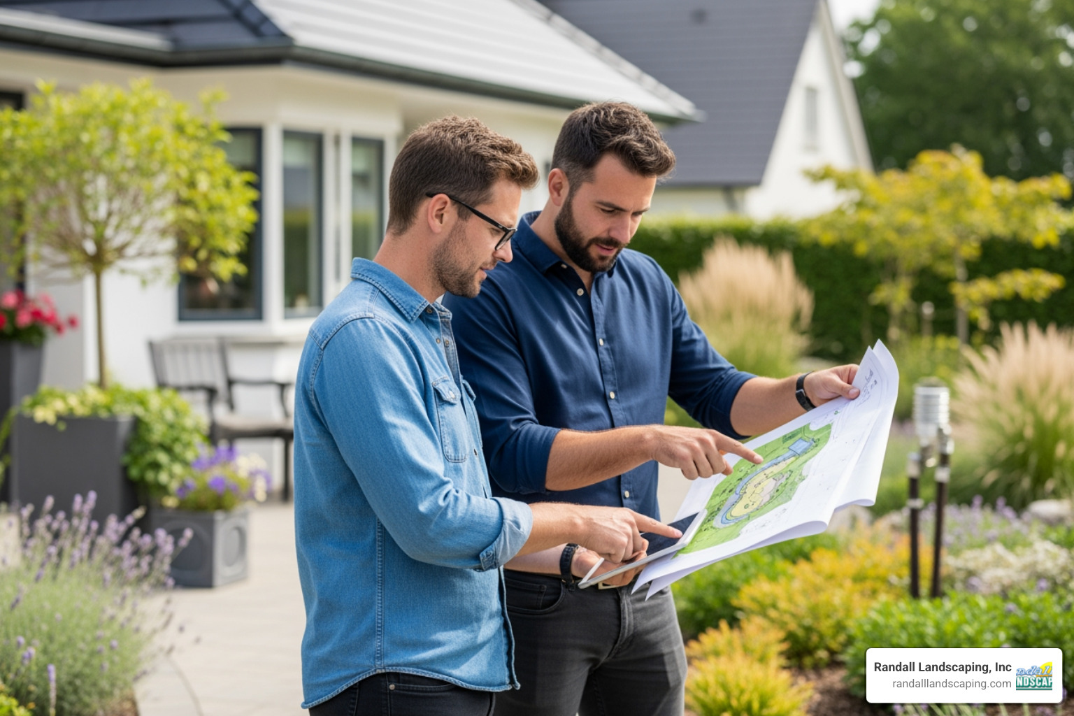 landscape designer reviewing plans with a homeowner on-site - landscapers Windham NH landscape designer reviewing plans with a homeowner on-site - landscapers Windham NH