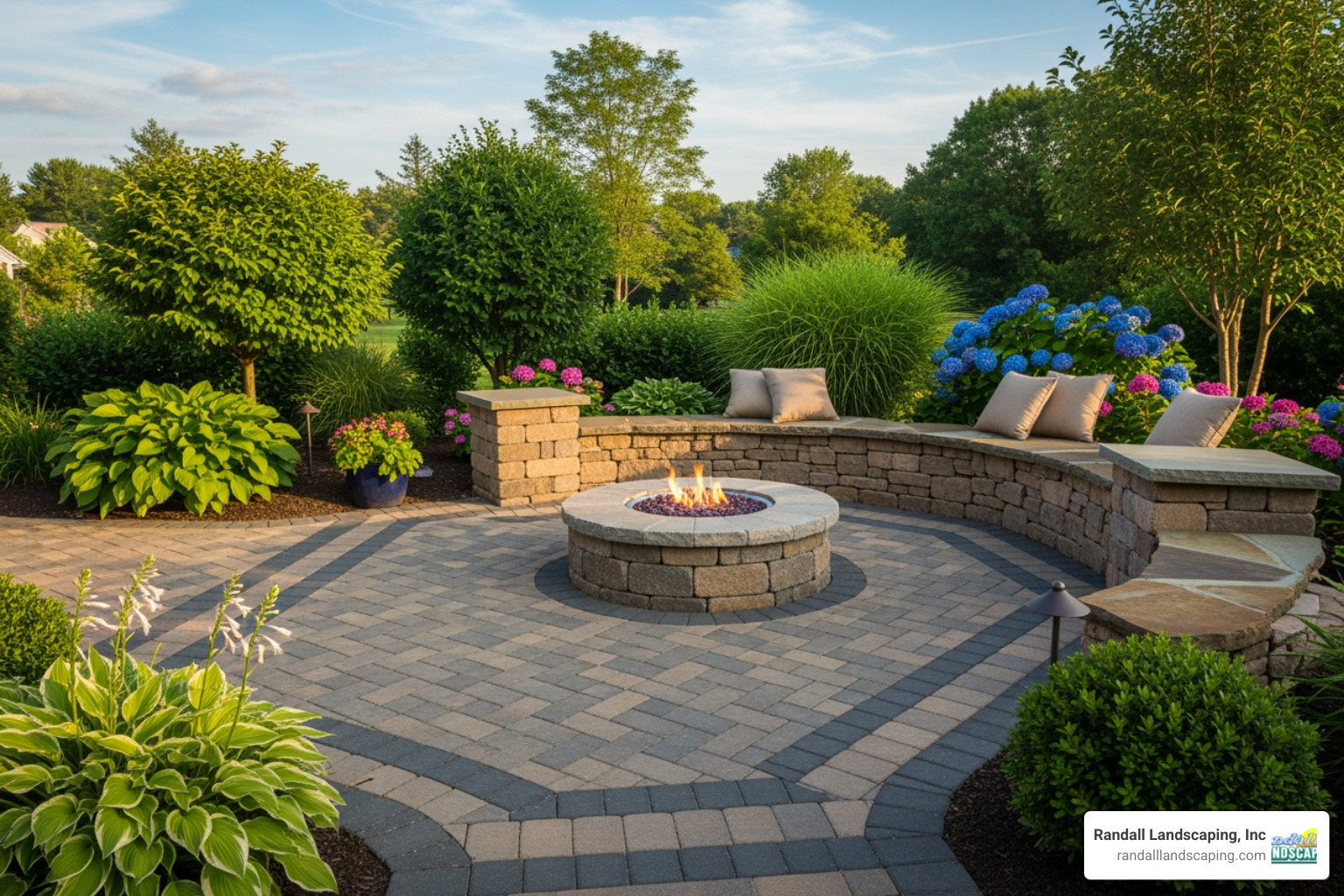 neat paver patio with a built-in fire pit and seating wall - landscapers Windham NH neat paver patio with a built-in fire pit and seating wall - landscapers Windham NH