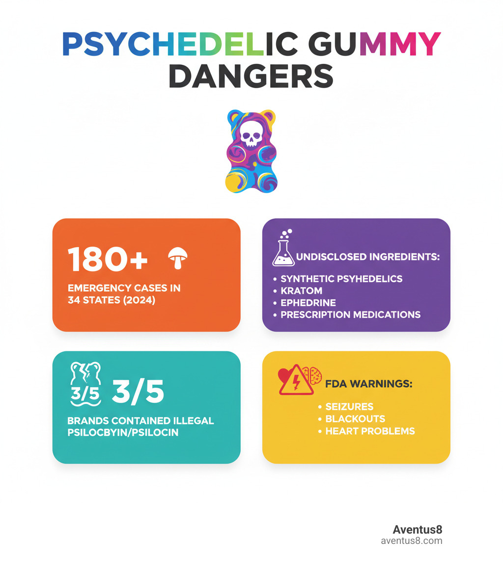 Infographic showing psychedelic gummy dangers: 180 emergency cases in 34 states in 2024, 3 of 5 brands tested contained illegal psilocybin/psilocin, common undisclosed ingredients include synthetic psychedelics, kratom, ephedrine, and prescription medications, with FDA warnings about seizures, blackouts, and heart problems - psychedelic gummies infographic 