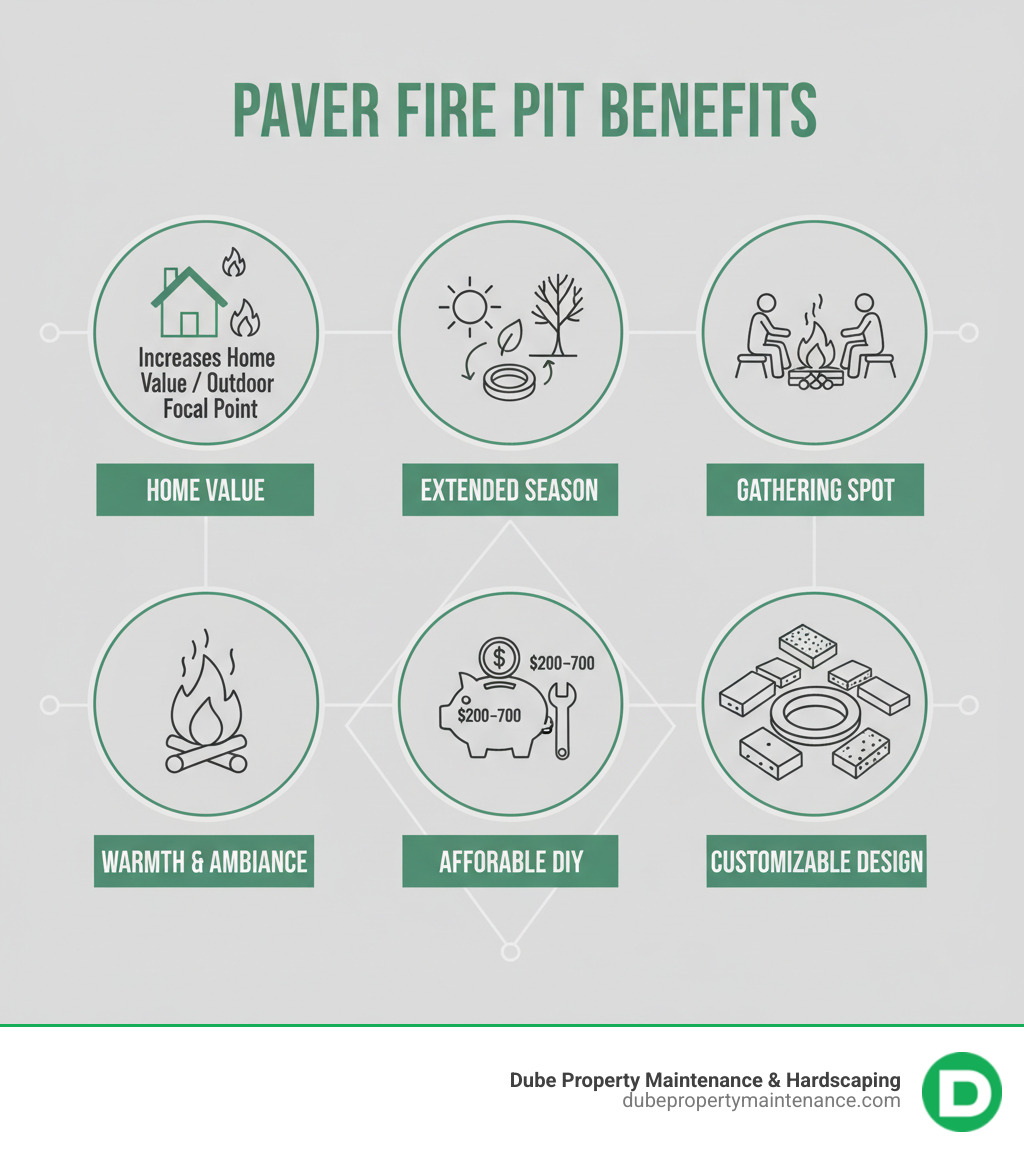 Infographic showing the key benefits of a paver fire pit: increases home value by creating an outdoor focal point, extends outdoor living season into spring and fall, creates a natural gathering spot for family and friends, provides warmth and ambiance for evening entertainment, relatively affordable DIY project at $200-$700 in materials, and can be customized with different paver styles, shapes, and sizes to match your landscape - Paver firepit infographic 