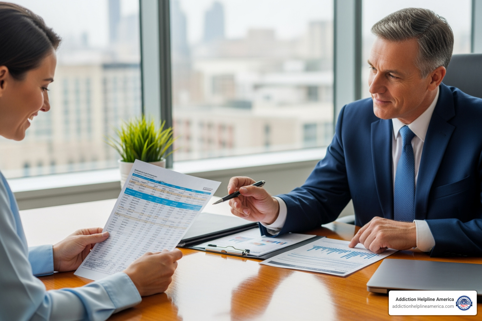 Image of someone reviewing paperwork with a financial advisor, looking relieved - center for detox Image of someone reviewing paperwork with a financial advisor, looking relieved - center for detox