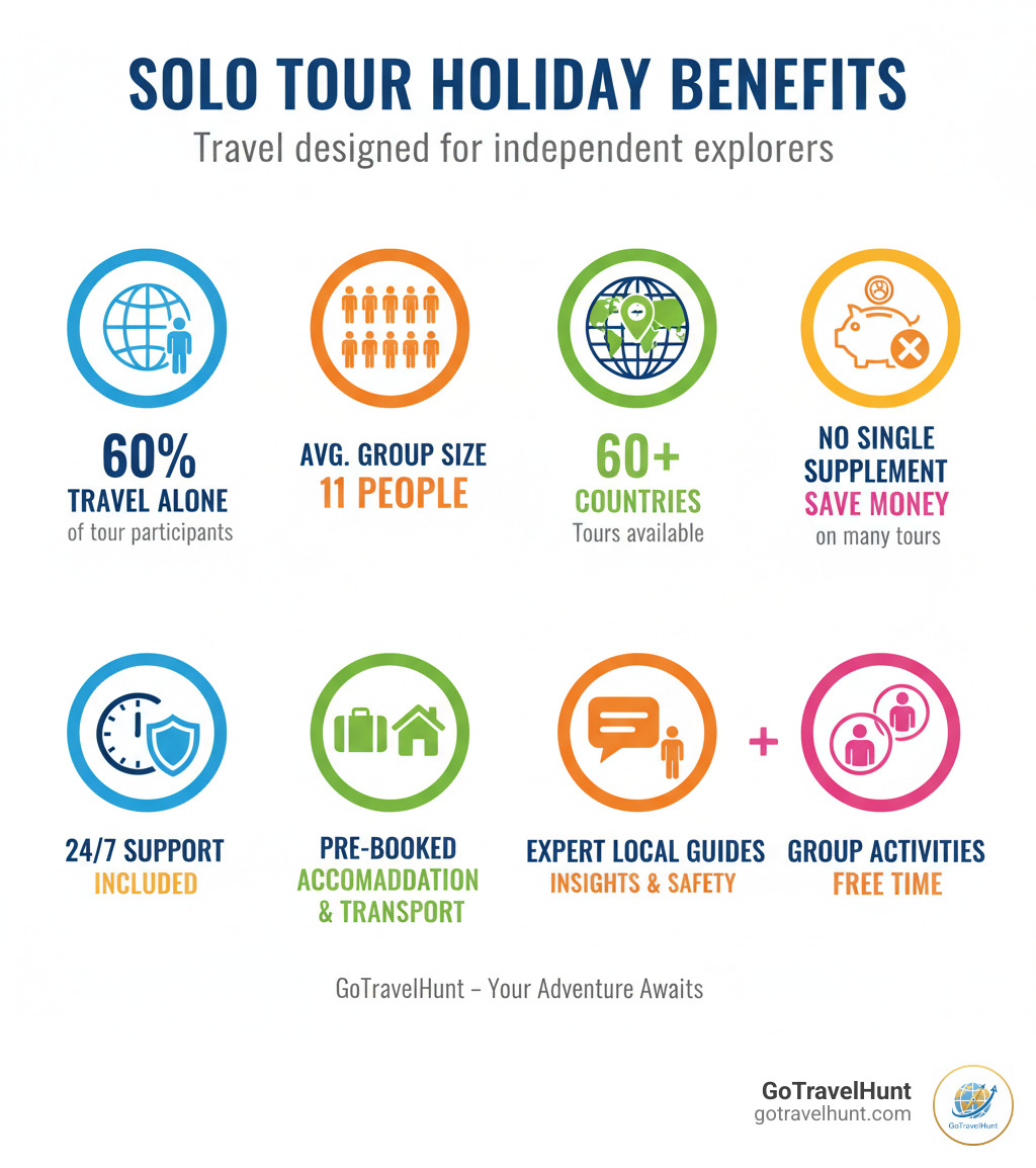 Infographic showing solo tour holiday benefits: 60% of tour participants travel alone, average group size of 11 people, tours available in 60+ countries, no single supplement on many tours, 24/7 support included, pre-booked accommodation and transport, expert local guides, mix of group activities and free time - solo tour holidays infographic 