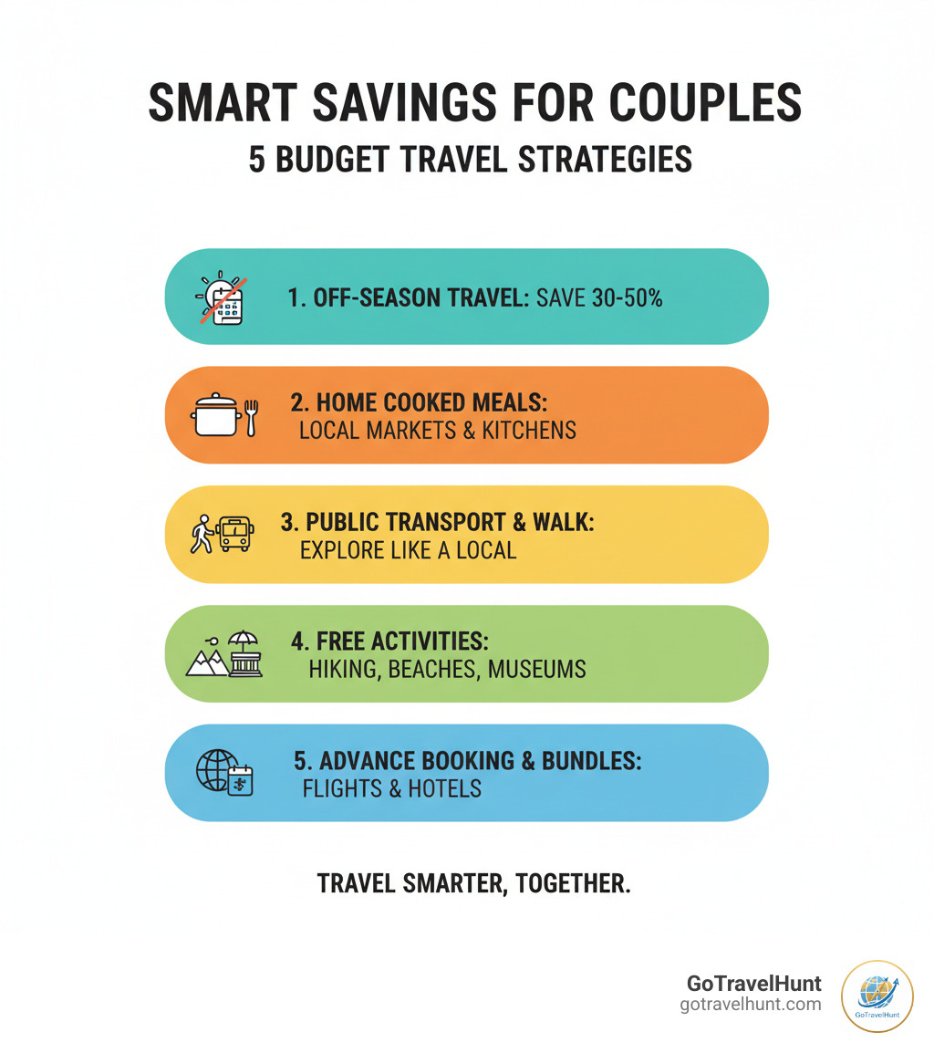 Infographic showing 5 key money-saving strategies for couples: 1. Travel off-season to save 30-50% on accommodations and flights, 2. Cook your own meals using local markets and vacation rentals with kitchens, 3. Use public transportation or walk instead of taxis and rental cars, 4. Find free activities like hiking trails, beaches, historic districts, and museum free days, 5. Book flights and accommodations in advance or bundle packages for discounts - couple trips on a budget infographic Infographic showing 5 key money-saving strategies for couples: 1. Travel off-season to save 30-50% on accommodations and flights, 2. Cook your own meals using local markets and vacation rentals with kitchens, 3. Use public transportation or walk instead of taxis and rental cars, 4. Find free activities like hiking trails, beaches, historic districts, and museum free days, 5. Book flights and accommodations in advance or bundle packages for discounts - couple trips on a budget infographic
