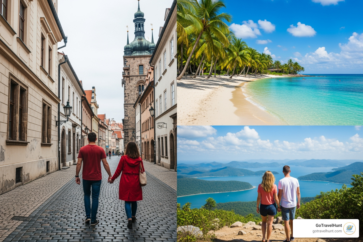 collage showcasing diverse affordable destinations like a charming European street, and a tropical beach - couple trips on a budget collage showcasing diverse affordable destinations like a charming European street, and a tropical beach - couple trips on a budget