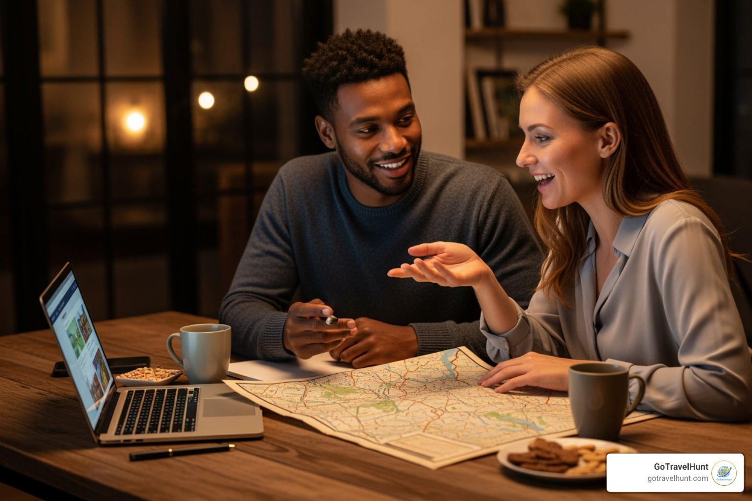 couple planning their trip with a map and a laptop - couple trips on a budget couple planning their trip with a map and a laptop - couple trips on a budget
