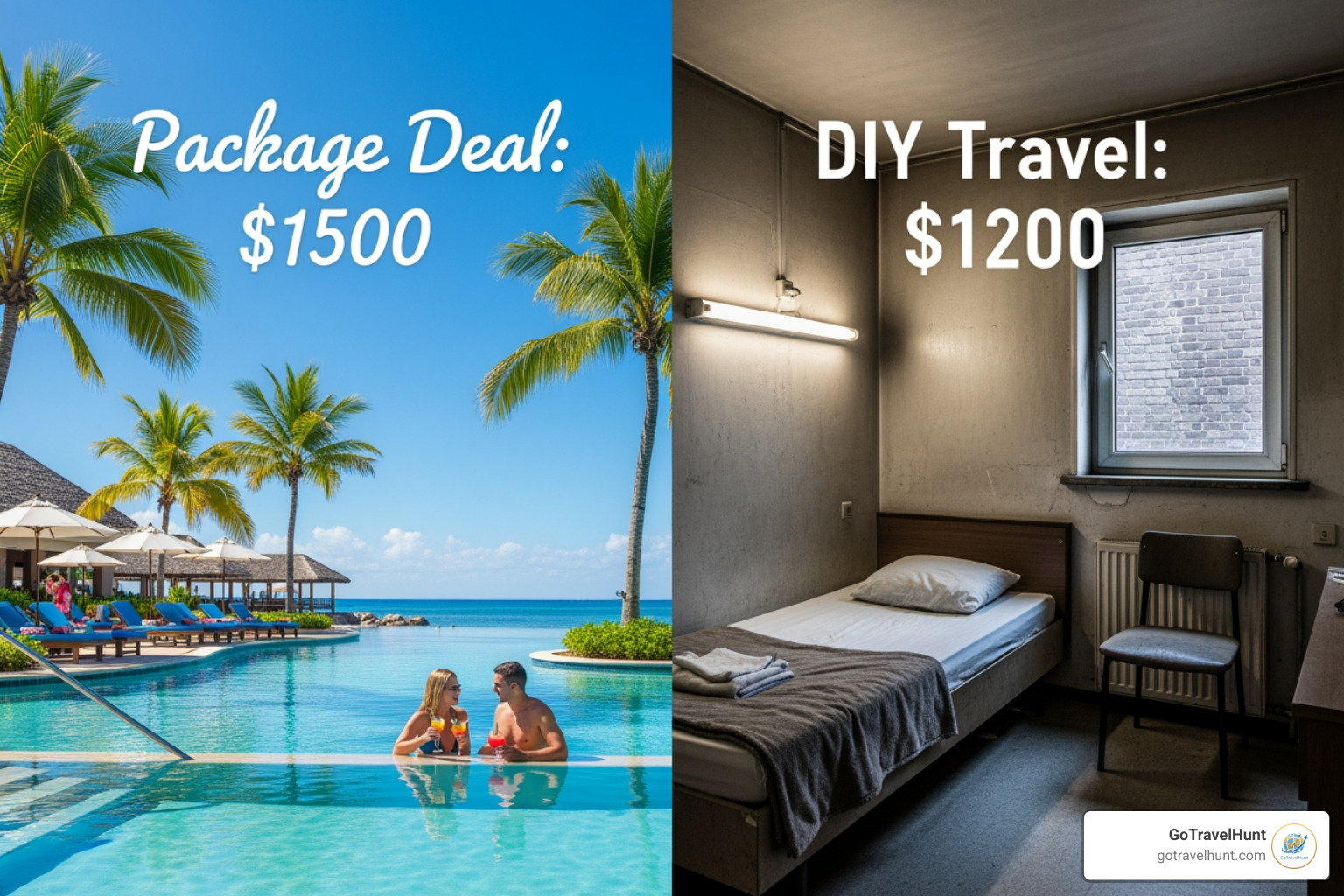 split screen showing a simplified package booking on one side and multiple complex tabs open for separate bookings on the other - is hotel and flight package deals really cheap split screen showing a simplified package booking on one side and multiple complex tabs open for separate bookings on the other - is hotel and flight package deals really cheap