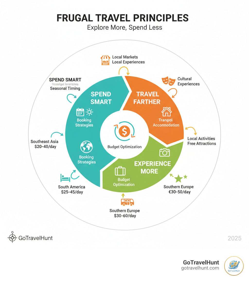 Infographic showing the core principles of frugal travel: a circular flow diagram with three main pillars - "Spend Smart" (showing booking strategies and seasonal timing), "Travel Farther" (displaying transportation options and accommodation types), and "Experience More" (illustrating local activities and free attractions). Each pillar connects to specific daily budget ranges for different global regions, with icons representing hostels, public transport, local markets, and cultural experiences. - budget travel guide infographic Infographic showing the core principles of frugal travel: a circular flow diagram with three main pillars - "Spend Smart" (showing booking strategies and seasonal timing), "Travel Farther" (displaying transportation options and accommodation types), and "Experience More" (illustrating local activities and free attractions). Each pillar connects to specific daily budget ranges for different global regions, with icons representing hostels, public transport, local markets, and cultural experiences. - budget travel guide infographic