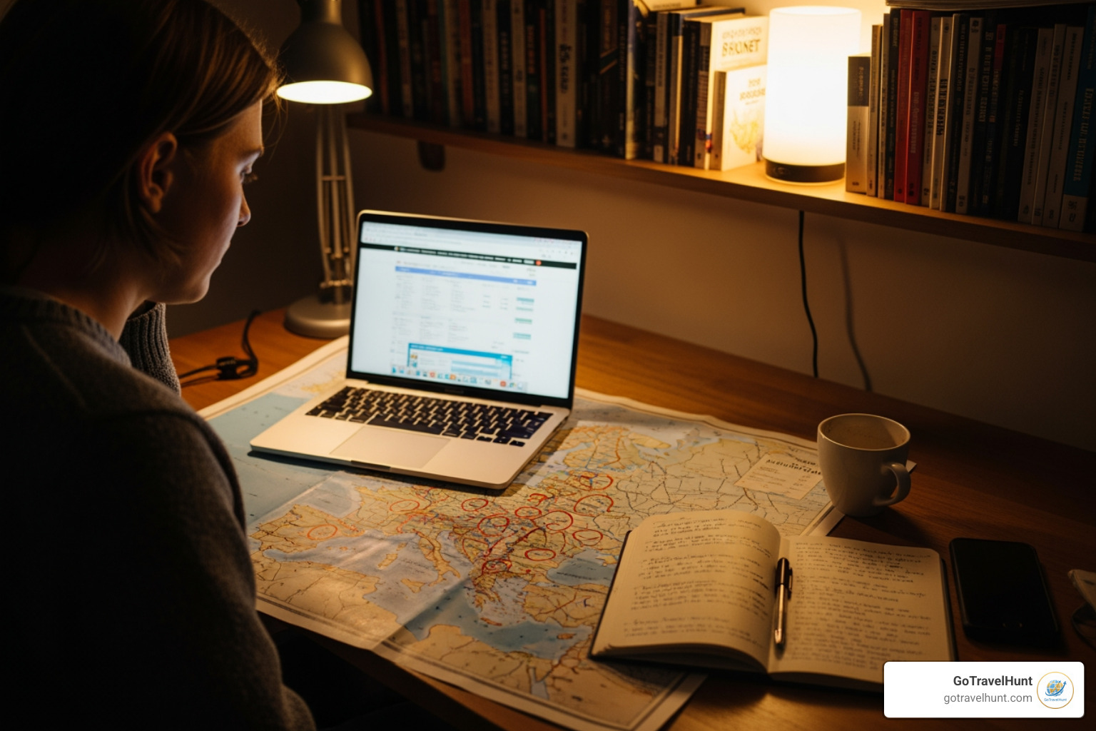 A person at a desk with a laptop, a map of Europe, and a notebook, planning their journey. - budget travel guide A person at a desk with a laptop, a map of Europe, and a notebook, planning their journey. - budget travel guide