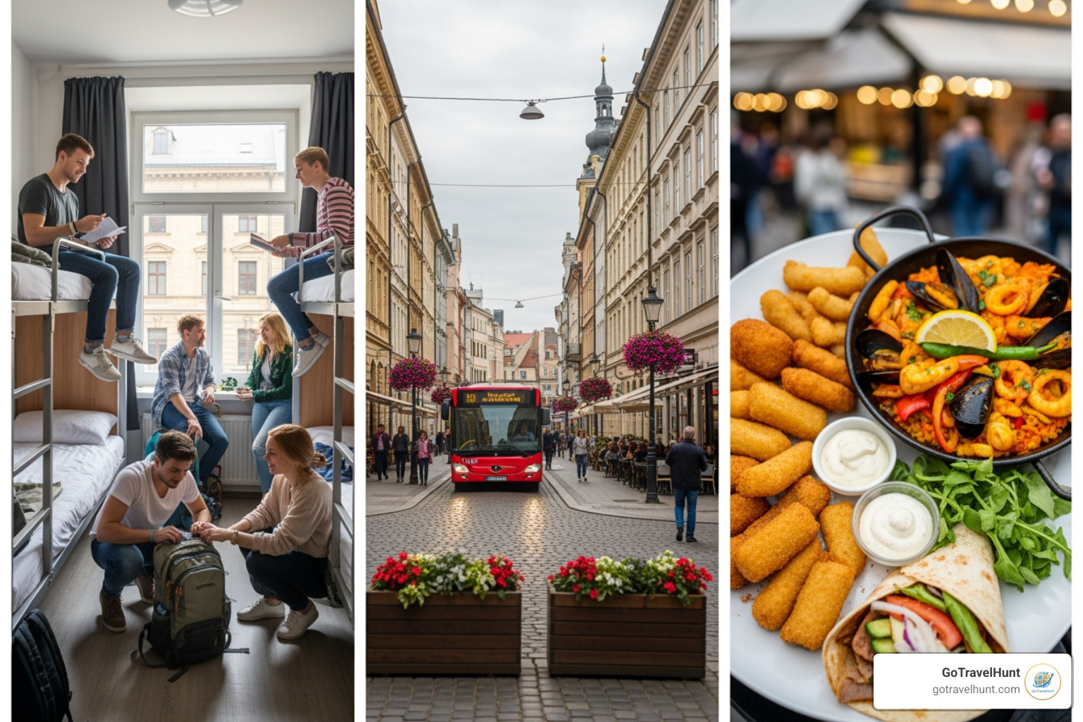 A collage showing a hostel dorm in Europe, a public bus navigating a charming European street, and a plate of delicious street food from a European market. - budget travel guide A collage showing a hostel dorm in Europe, a public bus navigating a charming European street, and a plate of delicious street food from a European market. - budget travel guide