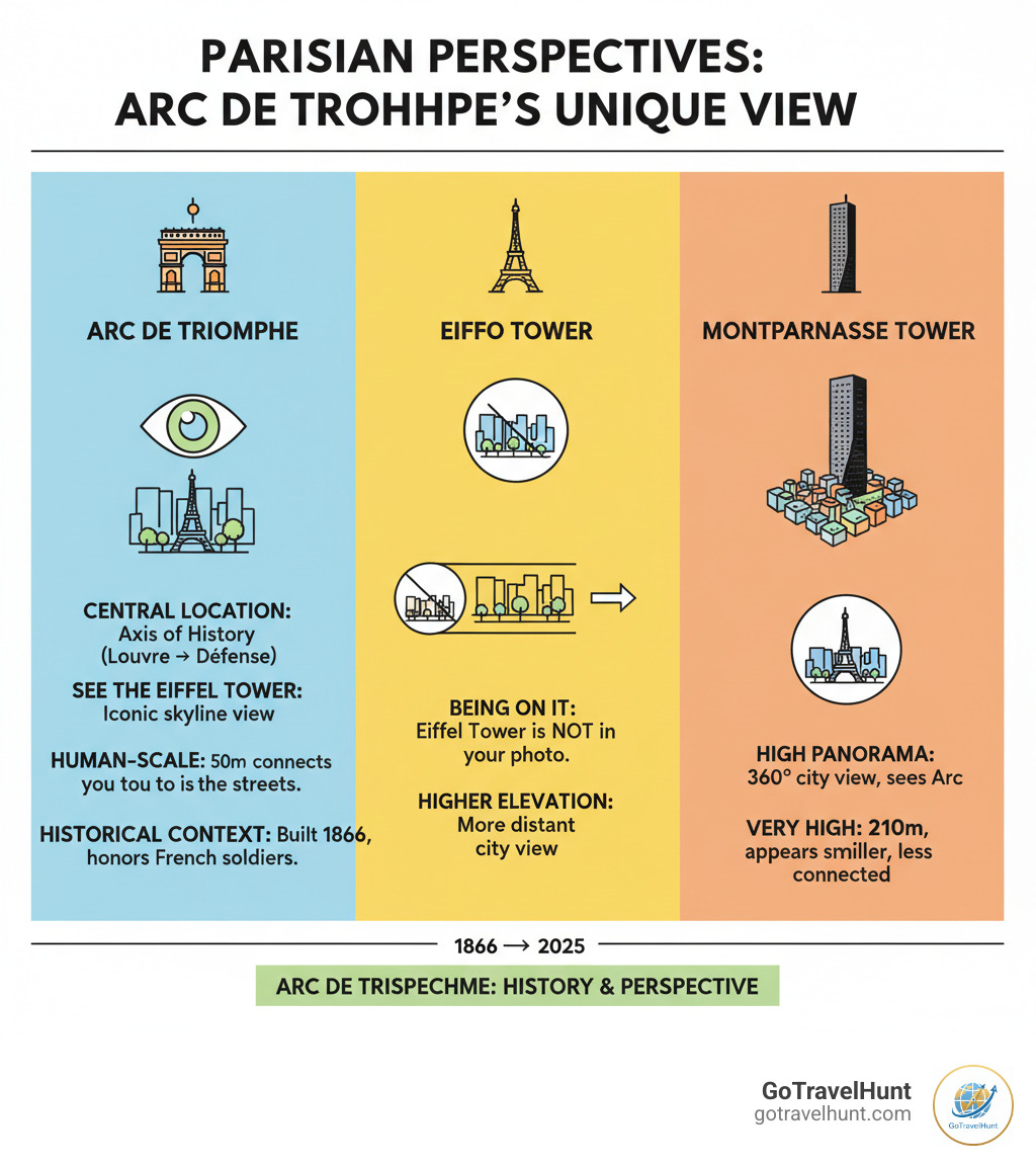 Infographic comparing Arc de Triomphe's central location, panoramic city layout, and unique ability to see the Eiffel Tower in the skyline, rather than being on it. Emphasizes the Arc's human-scale perspective and historical context. - Arc de Triomphe views infographic Infographic comparing Arc de Triomphe's central location, panoramic city layout, and unique ability to see the Eiffel Tower in the skyline, rather than being on it. Emphasizes the Arc's human-scale perspective and historical context. - Arc de Triomphe views infographic