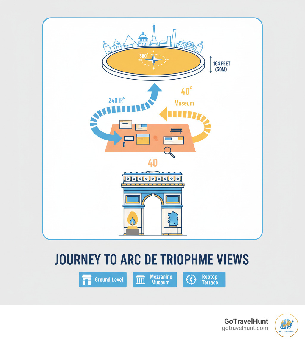 Infographic showing the journey to Arc de Triomphe views: Ground level entrance with Tomb of the Unknown Soldier, 240 spiral steps to Mezzanine Museum level for rest and exhibits, then 40 final steps to Rooftop Terrace at 164 feet with 360-degree panoramic views of Paris monuments - Arc de Triomphe views infographic Infographic showing the journey to Arc de Triomphe views: Ground level entrance with Tomb of the Unknown Soldier, 240 spiral steps to Mezzanine Museum level for rest and exhibits, then 40 final steps to Rooftop Terrace at 164 feet with 360-degree panoramic views of Paris monuments - Arc de Triomphe views infographic