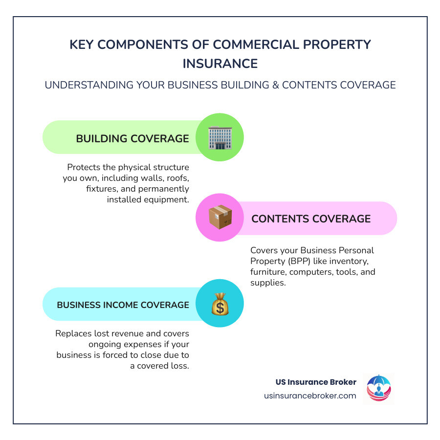 Infographic showing three pillars: 1) Building Coverage protecting the physical structure with icons of a building, roof, and walls; 2) Contents Coverage protecting business personal property with icons of computers, furniture, and inventory; 3) Business Income Coverage protecting lost revenue with icons of a calendar and dollar sign, all under an umbrella labeled Commercial Property Insurance - business building and contents insurance infographic infographic-line-3-steps-colors Infographic showing three pillars: 1) Building Coverage protecting the physical structure with icons of a building, roof, and walls; 2) Contents Coverage protecting business personal property with icons of computers, furniture, and inventory; 3) Business Income Coverage protecting lost revenue with icons of a calendar and dollar sign, all under an umbrella labeled Commercial Property Insurance - business building and contents insurance infographic infographic-line-3-steps-colors