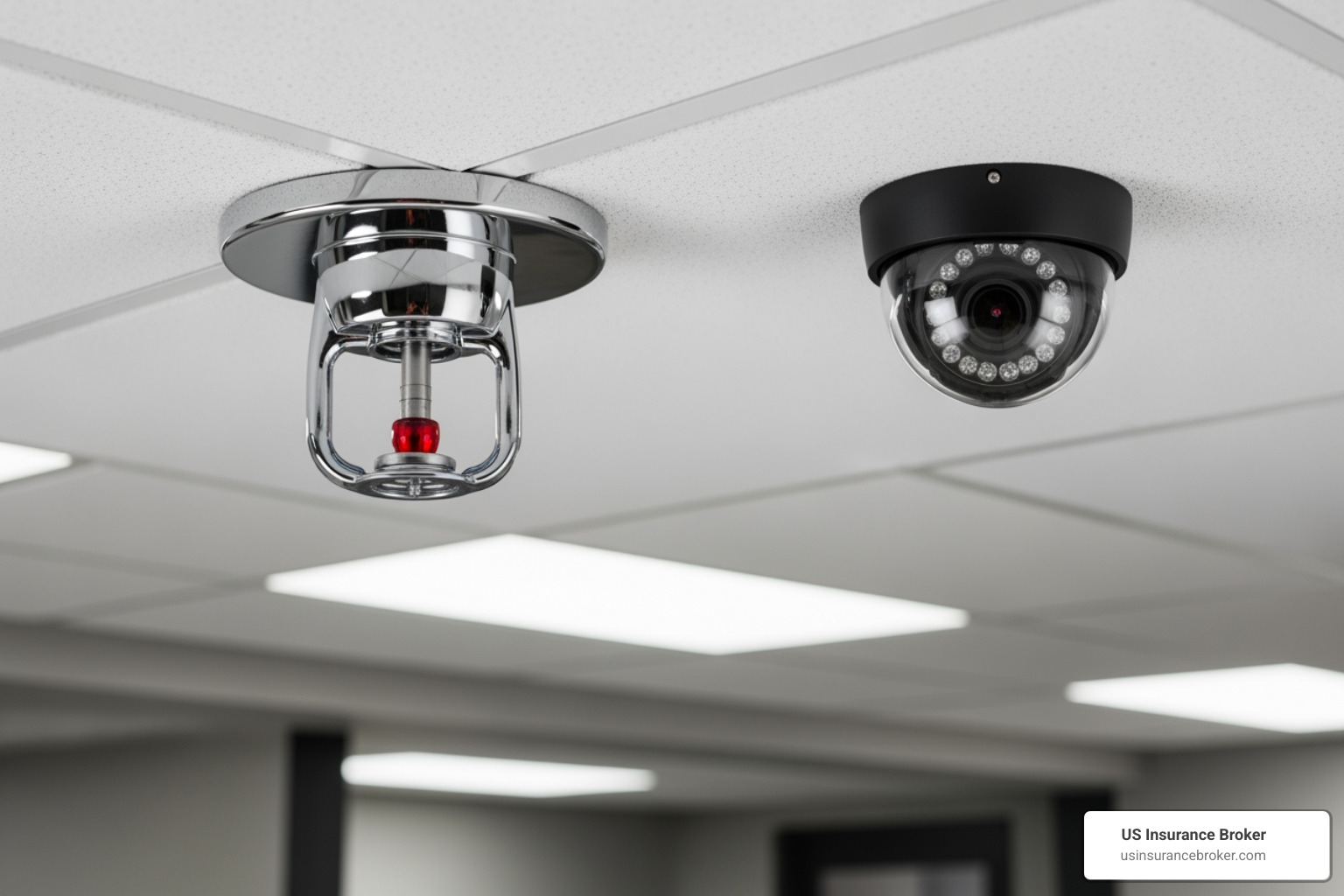 A sprinkler system and a security camera in a commercial building - business building and contents insurance A sprinkler system and a security camera in a commercial building - business building and contents insurance