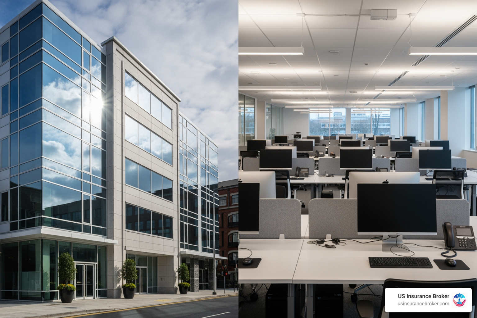 A split-screen showing a building exterior on one side and an office interior on the other - business building and contents insurance A split-screen showing a building exterior on one side and an office interior on the other - business building and contents insurance