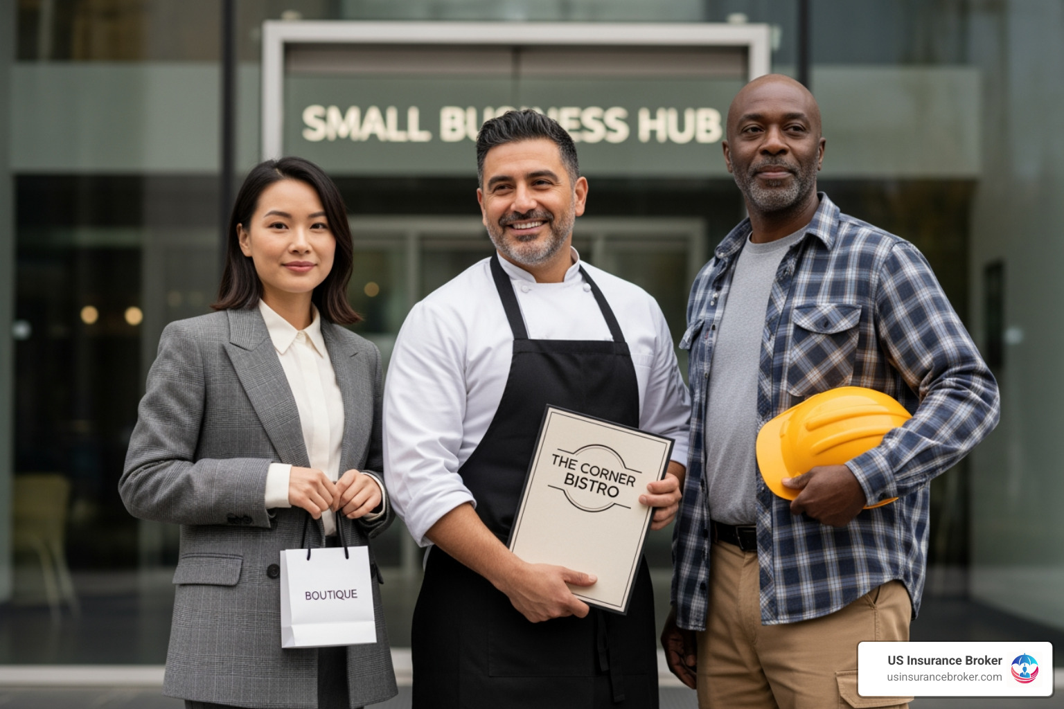 A diverse group of small business owners including a retailer, a restaurant owner, and a contractor - business building and contents insurance A diverse group of small business owners including a retailer, a restaurant owner, and a contractor - business building and contents insurance