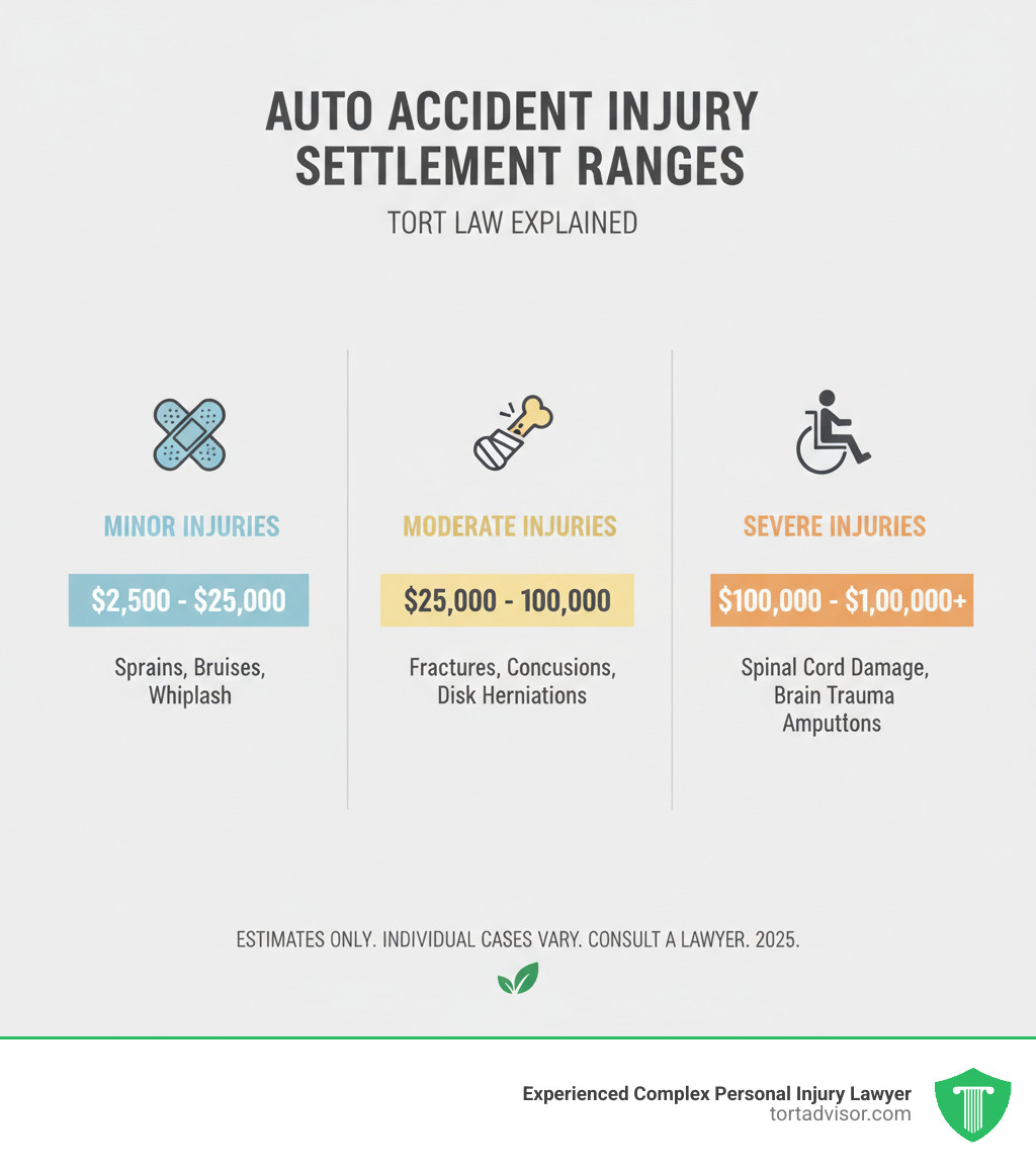 infographic comparing typical settlement ranges for minor, moderate, and severe injuries - auto accident civil suit infographic  infographic comparing typical settlement ranges for minor, moderate, and severe injuries - auto accident civil suit infographic