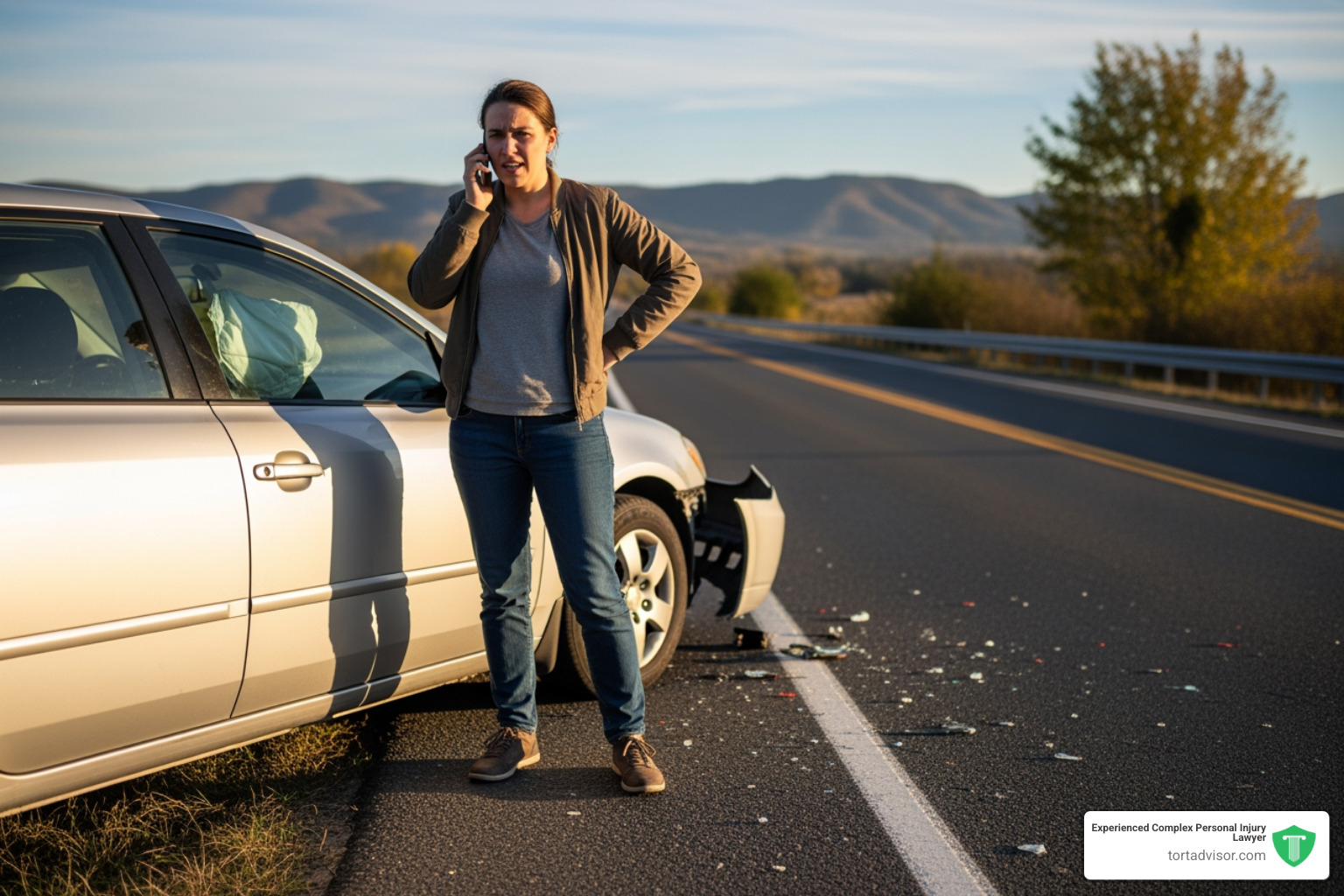 driver on the phone at the side of the road after an accident - auto accident civil suit driver on the phone at the side of the road after an accident - auto accident civil suit