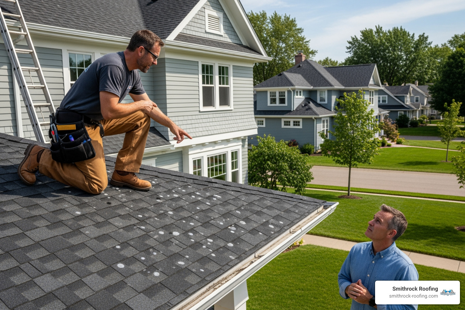 A professional roofer on a roof pointing out hail damage to a homeowner, explaining the extent of the damage - roofing companies Greensboro