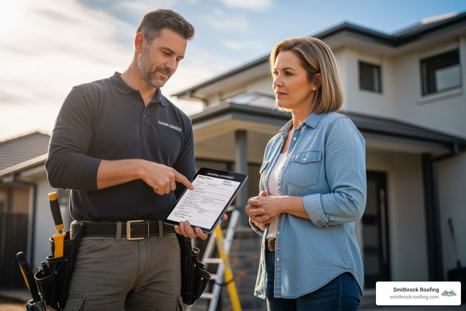 A professional roofer showing a homeowner a contract on a tablet, emphasizing professionalism and clear communication during a roofing project discussion - roofing companies Greensboro