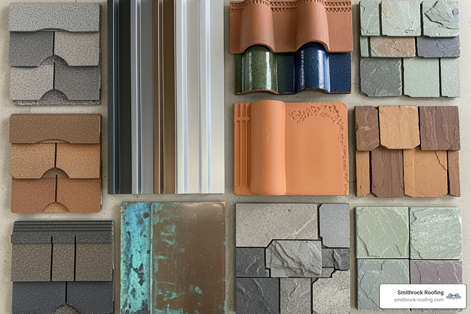 Different roofing material samples, including architectural shingles, standing seam metal, and tile, laid out for comparison - roofing companies Greensboro