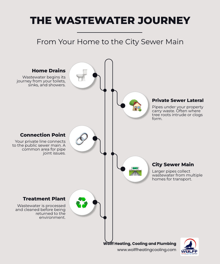 Infographic showing the path of wastewater from a home toilet and sink through the main sewer line to the city sewer main, with labels for common problem areas like tree root intrusion zones, pipe joints, and connection points - sewer line service rio rancho infographic infographic-line-5-steps-elegant_beige