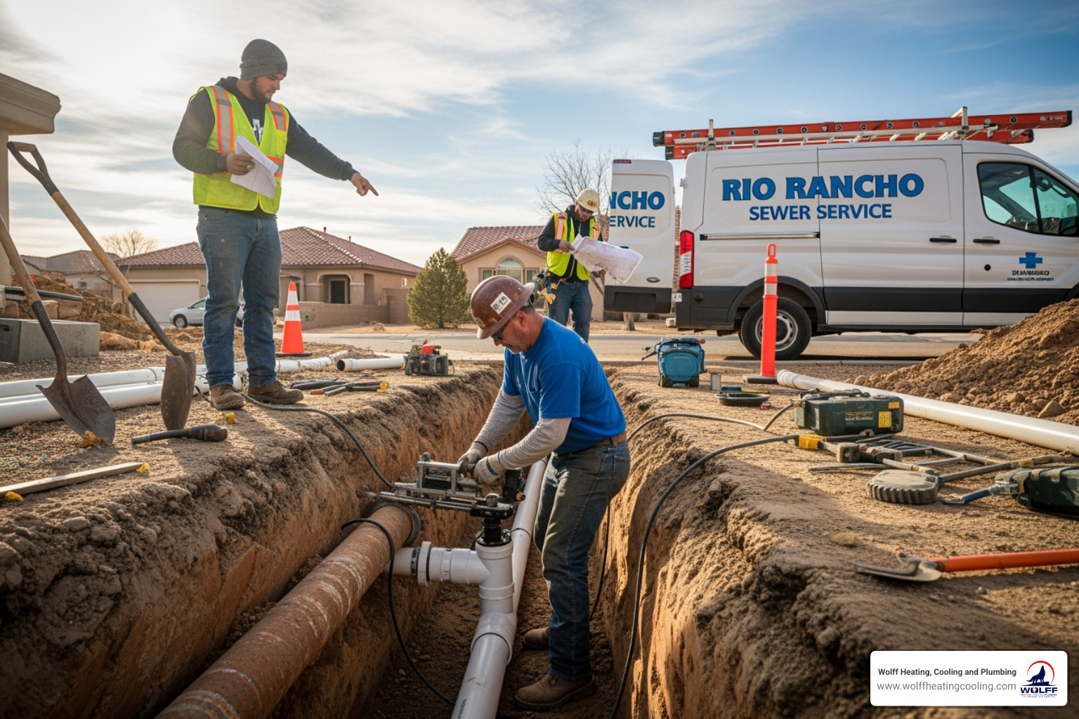 illustrating the difference between a trenched yard and the small access points for trenchless repair. - sewer line service rio rancho