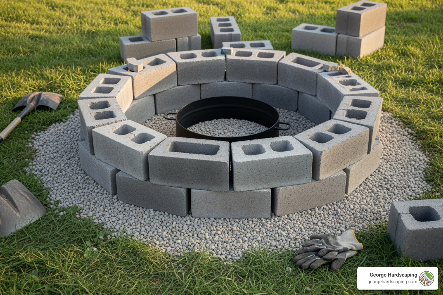 DIY concrete fire pit under construction with blocks and fire ring on gravel base - Concrete fire pit designs