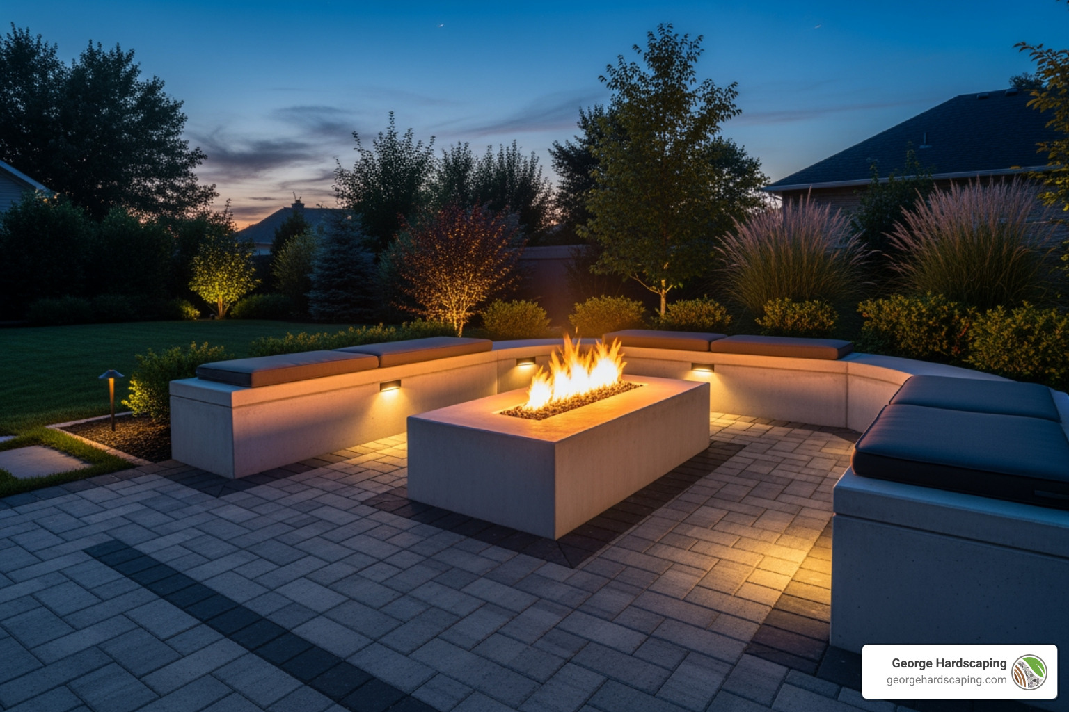 Concrete fire pit with paver patio, built-in seating, and landscape lighting - Concrete fire pit designs