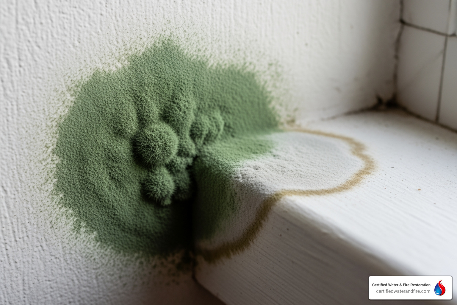 fuzz green mold on drywall next to flat white mildew on a window sill - is mildew dangerous