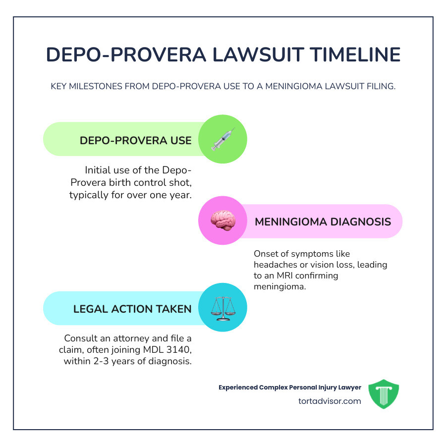 Infographic showing the timeline from initial Depo-Provera use through meningioma diagnosis to filing a lawsuit, including key milestones such as first injection, duration of use (typically 1+ years), symptom onset (headaches, vision problems, seizures), MRI diagnosis of meningioma, consultation with attorney, filing deadline (2-3 years from diagnosis in most states), and joining MDL 3140 - depo provera lawsuit news infographic infographic-line-3-steps-colors