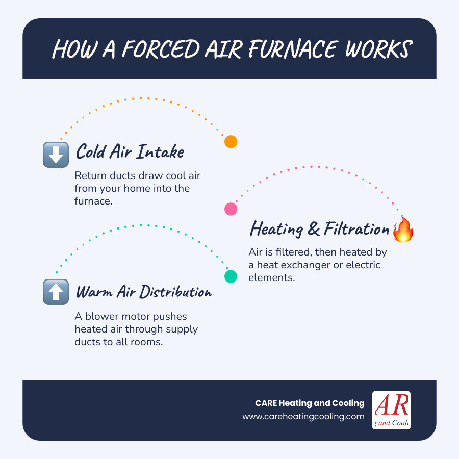 infographic showing how a forced air furnace pulls in cold air through return ducts, heats it in the heat exchanger using gas or electric elements, and distributes warm air through supply ducts to every room in the home, with arrows indicating airflow direction and labels for key components like the blower motor, filter, and thermostat - forced air furnace installation westerville infographic infographic-line-3-steps-blues-accent_colors infographic showing how a forced air furnace pulls in cold air through return ducts, heats it in the heat exchanger using gas or electric elements, and distributes warm air through supply ducts to every room in the home, with arrows indicating airflow direction and labels for key components like the blower motor, filter, and thermostat - forced air furnace installation westerville infographic infographic-line-3-steps-blues-accent_colors