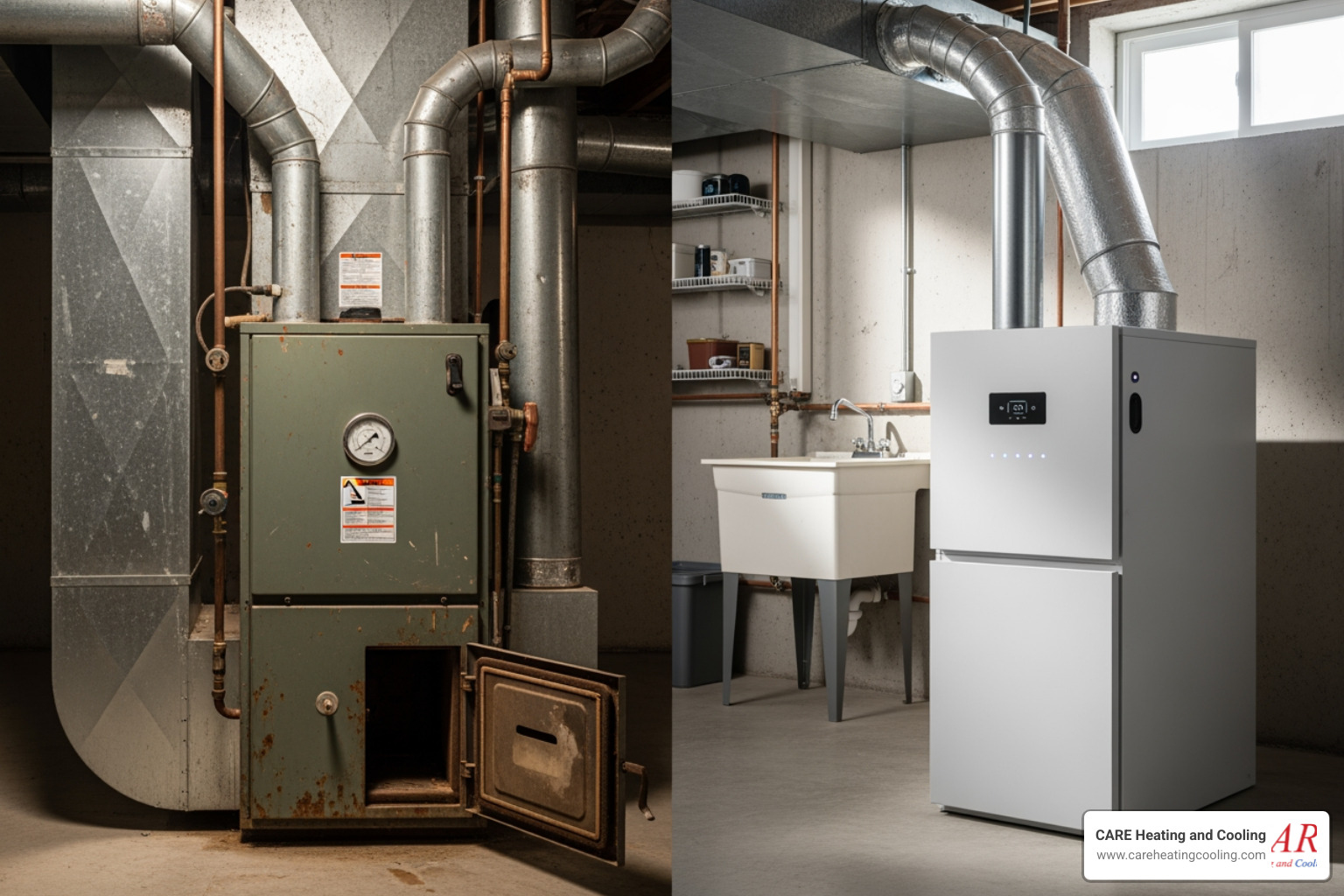 old, inefficient furnace next to a modern, compact unit - forced air furnace installation westerville old, inefficient furnace next to a modern, compact unit - forced air furnace installation westerville