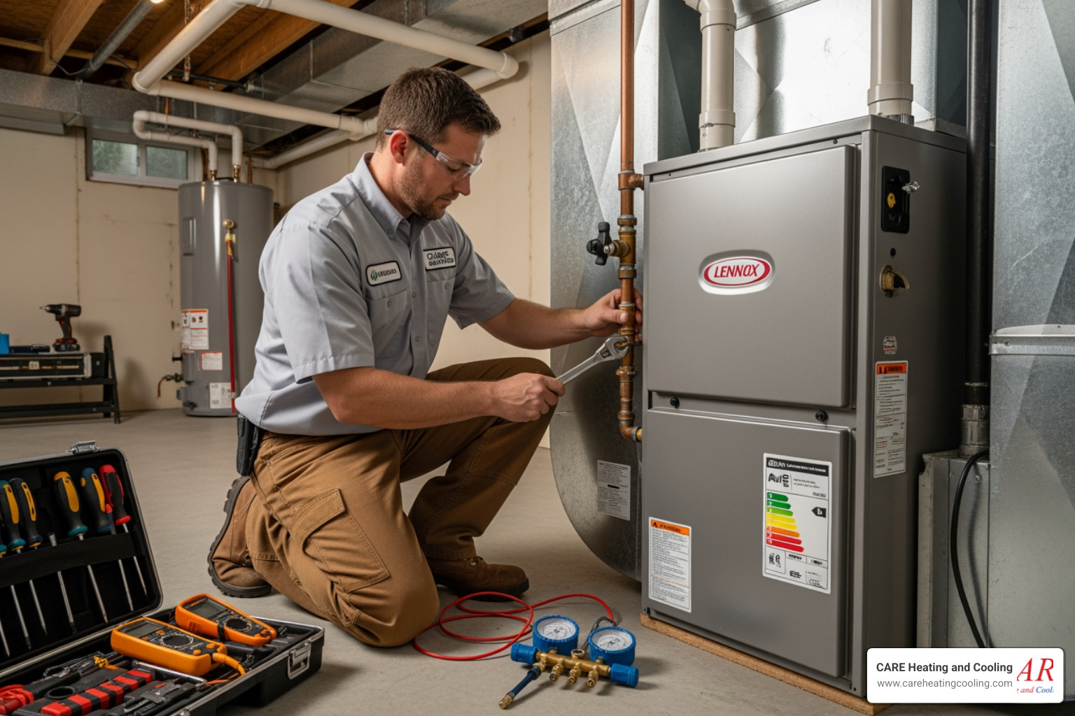 certified technician carefully installing a new furnace - forced air furnace installation westerville certified technician carefully installing a new furnace - forced air furnace installation westerville