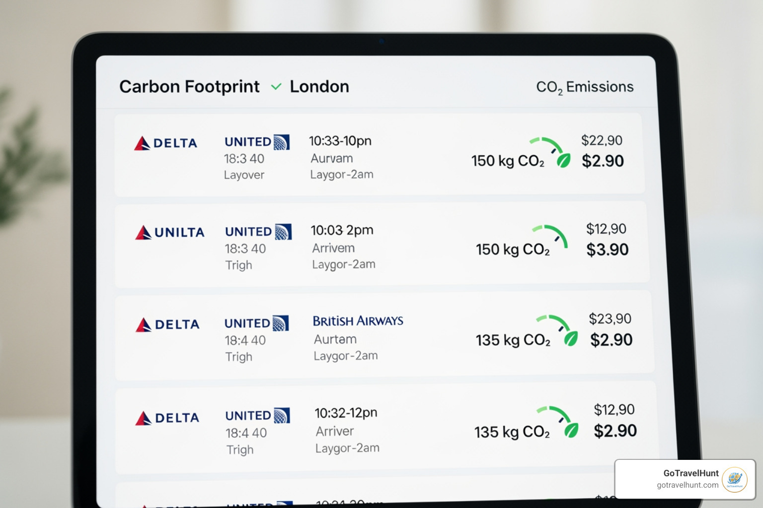 booking screen showing the carbon footprint for different flight options - travel scheduling software booking screen showing the carbon footprint for different flight options - travel scheduling software