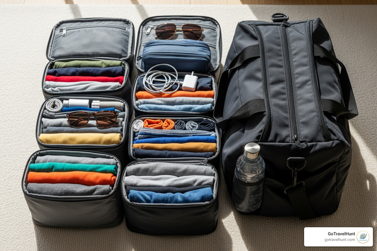 neatly organized clothing in packing cubes next to a duffel bag - ultimate road trip packing list neatly organized clothing in packing cubes next to a duffel bag - ultimate road trip packing list